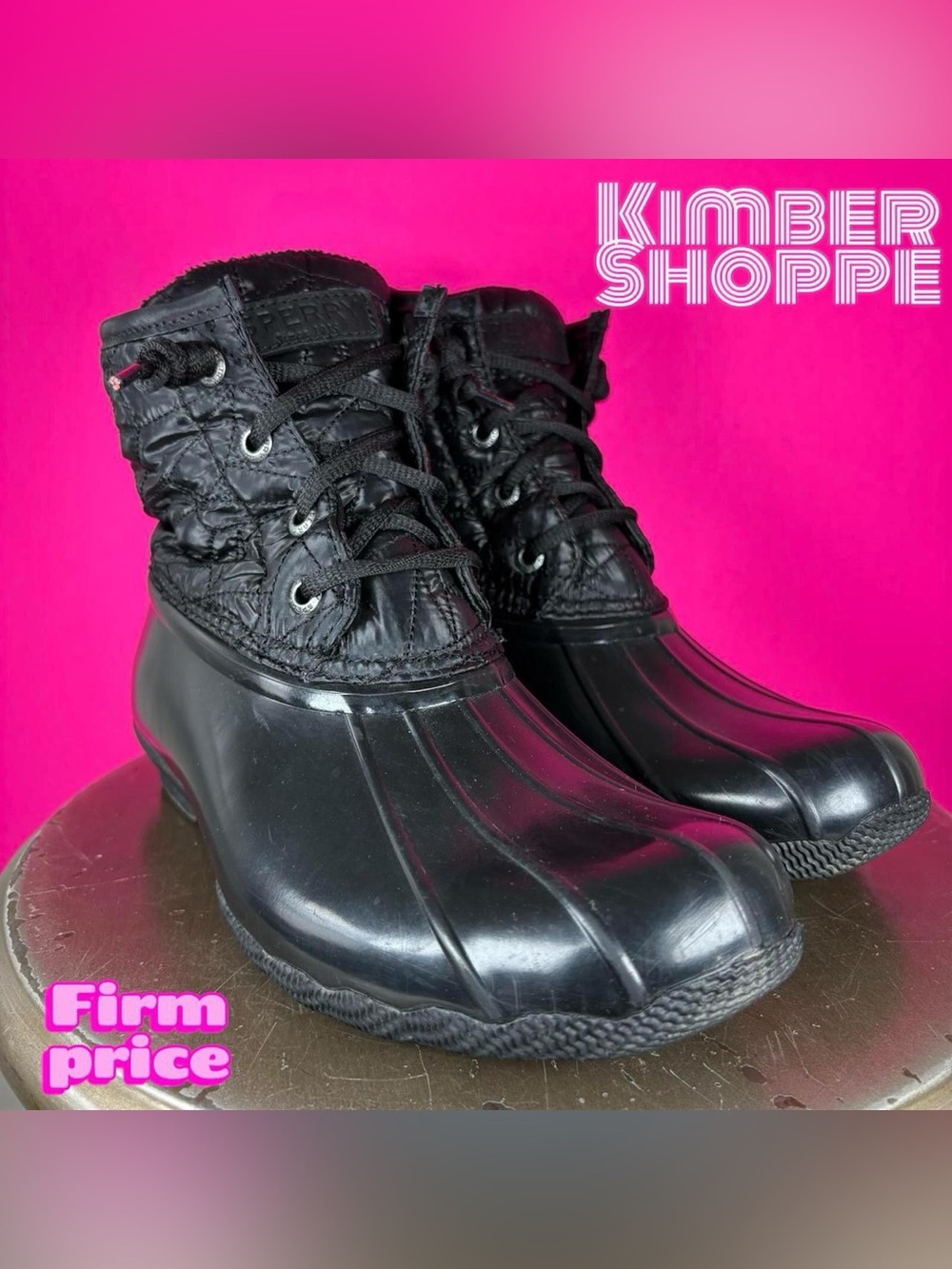 Sperry Saltwater Black Nylon Rubber Lace-Up Waterproof Duck Boot US 7 UK 4.5